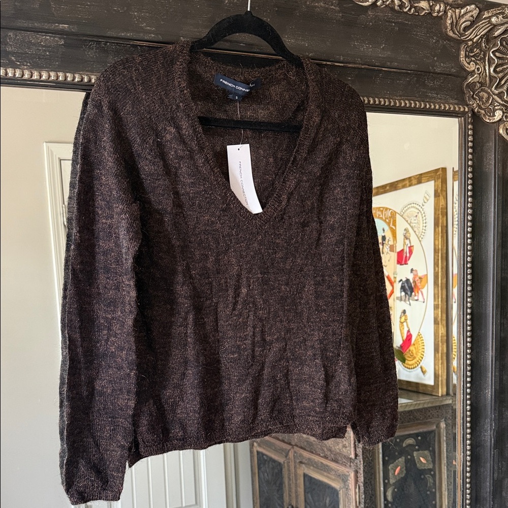 Gold metallic Brown sheer mesh V-Neck Women's Sweater